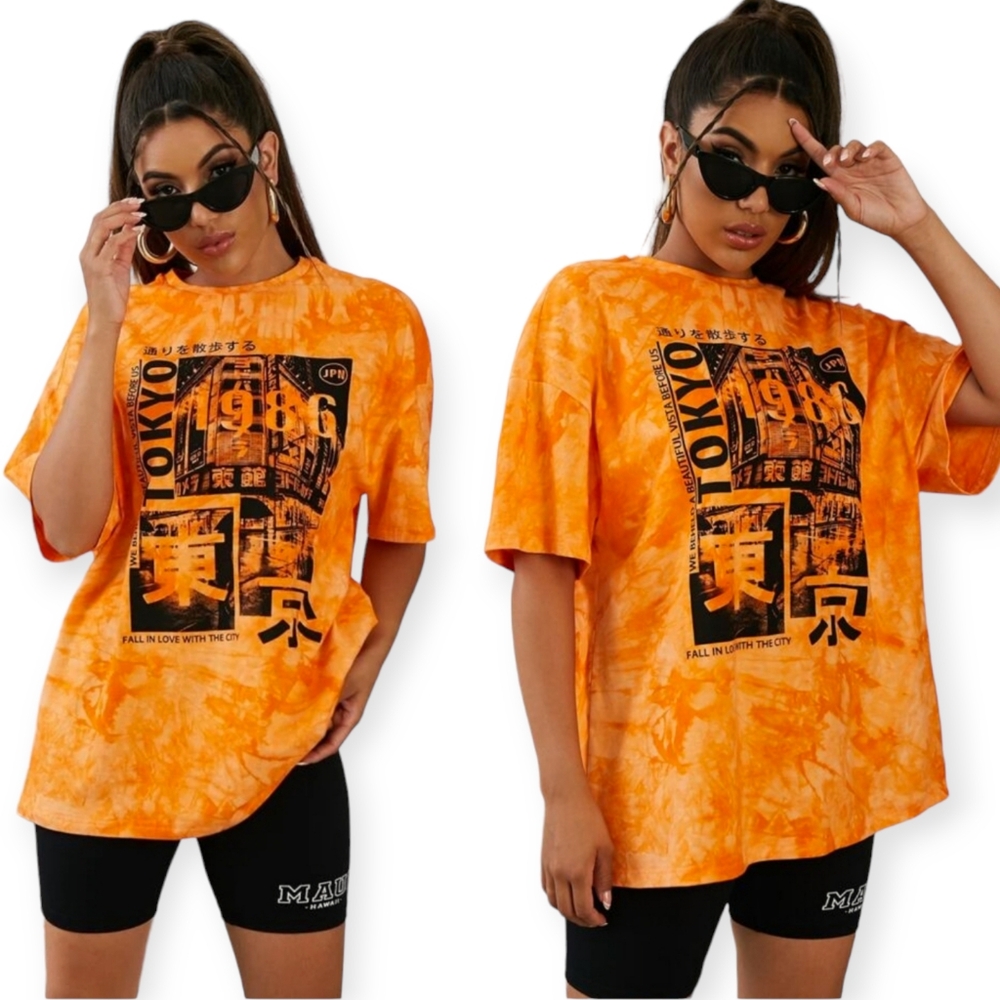 Shein Cotton Tokyo Tie Dye Graphic Print T Shirt